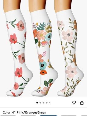 Floral compression Knee-High Socks in White with Pink, Orange & Green Blooms